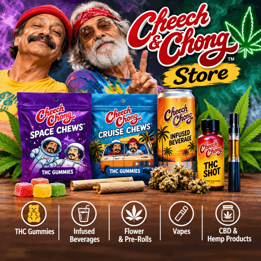 Cheech & Chong Store review featuring THC gummies, infused beverages, hemp flower, pre-rolls, and other products, with insights into pricing, quality, and lab testing.