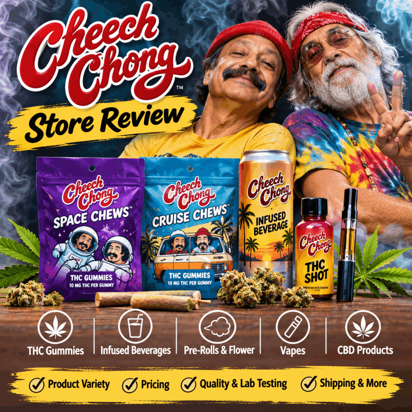 Cheech & Chong Store review featuring THC gummies, infused beverages, hemp flower, pre-rolls, and other products, with insights into pricing, quality, and lab testing.